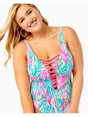 LILLY PULIZTER ISLE LATTICE ONE PIECE, MULTI SEA TURTLE SOIREE